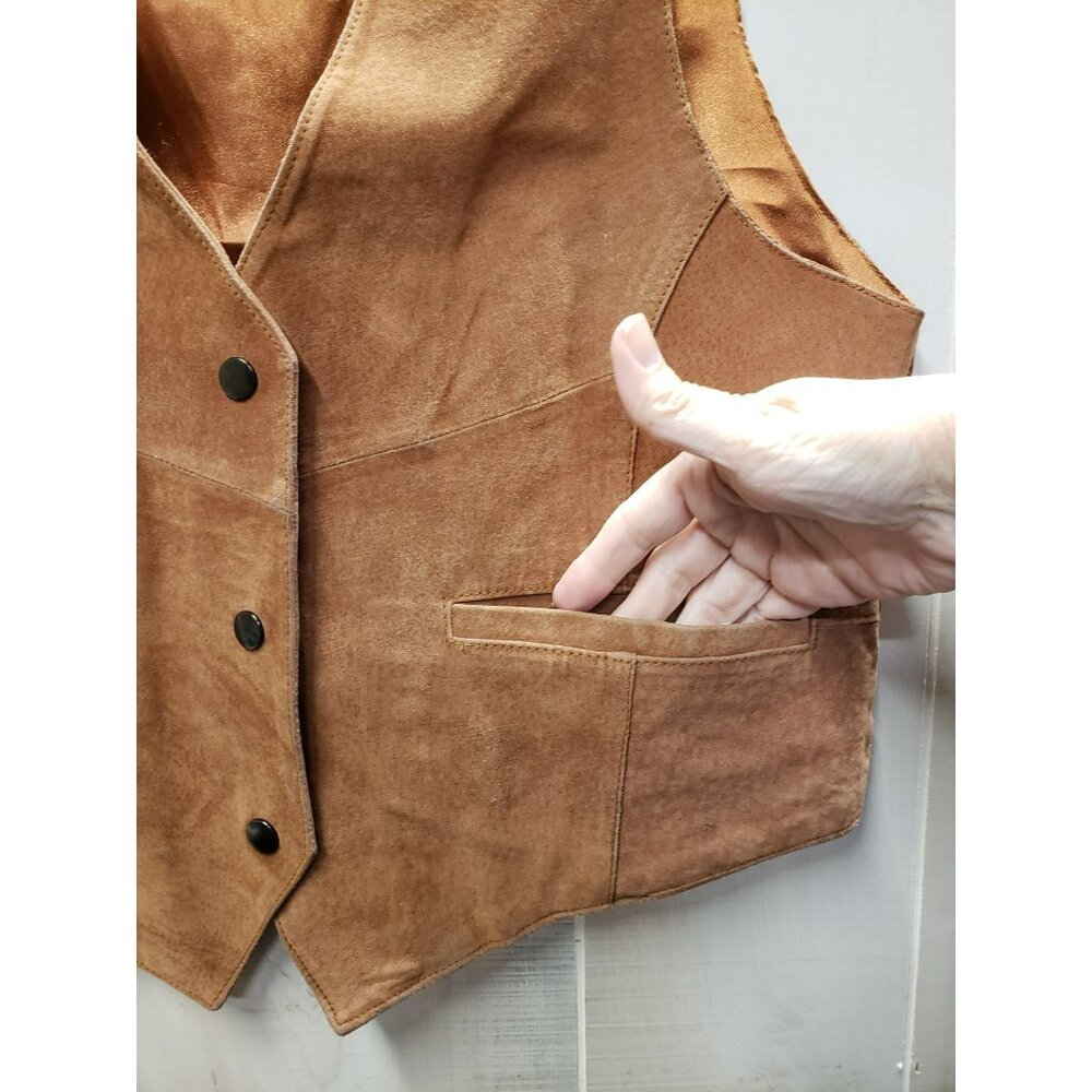 Pelle Brown Suede Leather Vest, Mens Large, Satin Tie Back, Snap Front, Pockets - Picture 2 of 5
